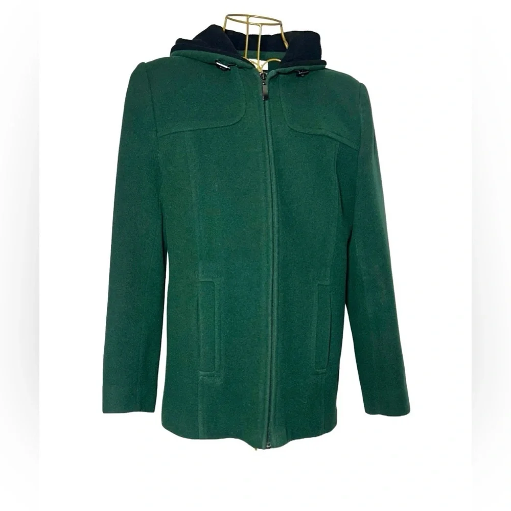 Preston & York Wool Coat in Rich Green with Pockets, Full Zip, & Hood, Small - Picture 3 of 15